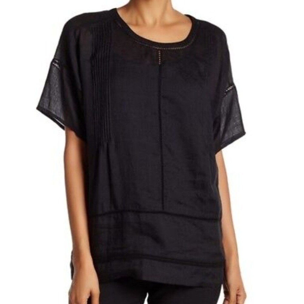 Vince Black Ramie Pleated Short Sleeve Sheer Blouse Top Women S
